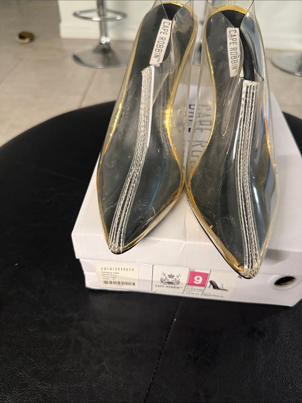 Cape Robbin Transparent Pointed Toe Pumps with Gold Trim